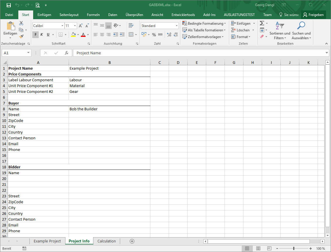 GAEB in Excel - Project Information Worksheet