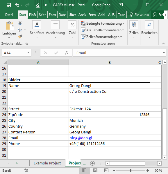 GAEB in Excel - Bidder Information