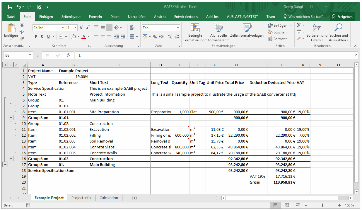 GAEB in Excel - Entering Quantities